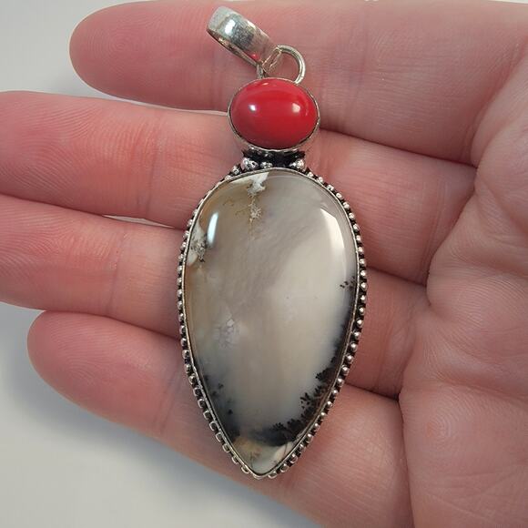Necklace Pendants Dendritic Agate Red Coral Handmade Jewelry in Silver Setting - Picture 10 of 10